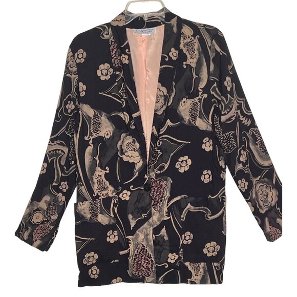Kensington Square Jackets & Blazers - Kensington Square SMALL Black Floral Rayon Blazer Jacket Pockets VTG Career Y2K